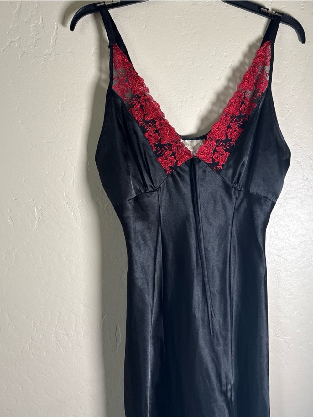 Black Slip Nightgown with Red Lace Trim